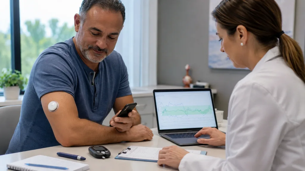 Representative image of a patient using a connected glucose monitor while a clinician reviews AI-supported insulin-management data through a secure digital-care platform.