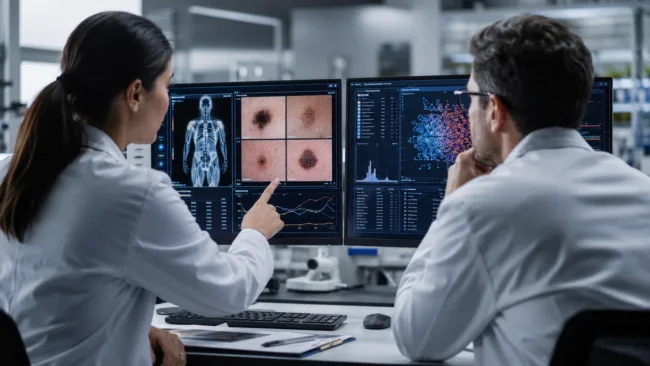 Representative image of oncology researchers reviewing melanoma scans and treatment-response data as Replimune’s RP1 returns to the FDA for a decisive advanced melanoma approval review.