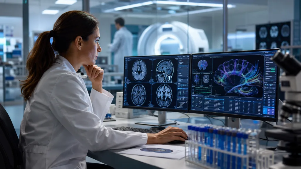 Representative image: A neurological researcher reviews advanced brain scans as uniQure prepares a potential FDA filing for AMT-130, its experimental gene therapy designed to slow Huntington’s disease progression.