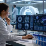Representative image: A neurological researcher reviews advanced brain scans as uniQure prepares a potential FDA filing for AMT-130, its experimental gene therapy designed to slow Huntington’s disease progression.