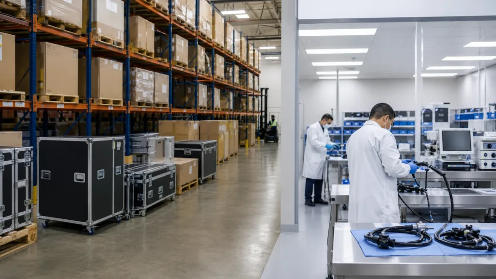 Representative image of a modern endoscopy warehouse and service center, illustrating how Fujifilm’s Fairfield expansion could strengthen U.S. device logistics, repair capacity and hospital support.
