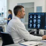 Representative image of an oncologist reviewing head and neck cancer scans in a modern clinical setting, reflecting Fulgent Genetics’ FID-007 Phase 2 data and the growing search for new post-PD-1 treatment options in recurrent or metastatic head and neck cancer.