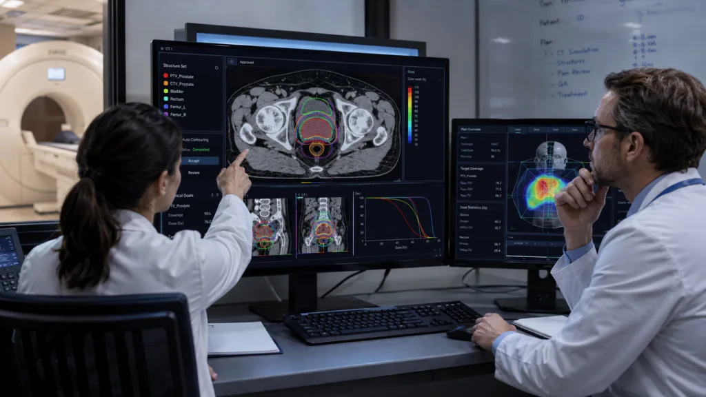 Representative image of clinicians reviewing AI-enabled radiation therapy planning scans, illustrating how GE HealthCare’s MIM Contour ProtégéAI+ 2.0 FDA clearance could speed precision cancer treatment workflows.