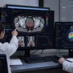 Representative image of clinicians reviewing AI-enabled radiation therapy planning scans, illustrating how GE HealthCare’s MIM Contour ProtégéAI+ 2.0 FDA clearance could speed precision cancer treatment workflows.