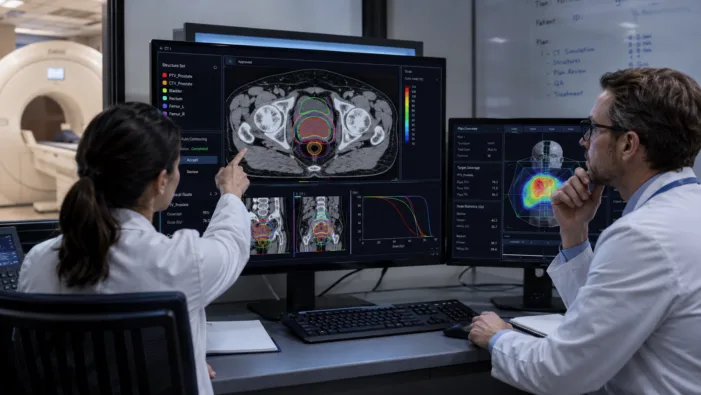 Representative image of clinicians reviewing AI-enabled radiation therapy planning scans, illustrating how GE HealthCare’s MIM Contour ProtégéAI+ 2.0 FDA clearance could speed precision cancer treatment workflows. GE HealthCare’s MIM Contour ProtégéAI+ clearance raises the stakes in radiotherapy automation