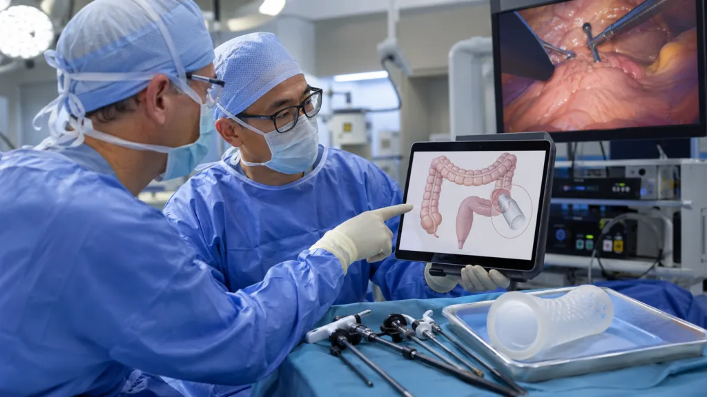 Colorectal surgeons review an internal bowel-protection device as Galmed Pharmaceuticals advances Colospan’s CG-100 as a potential alternative to temporary stomas after colorectal cancer surgery. Representative image.