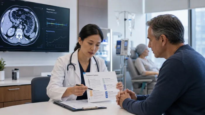 Representative image: An oncologist discusses colon cancer treatment options with a patient, reflecting Genentech’s Tecentriq Priority Review and the growing role of immunotherapy in stage III dMMR/MSI-H colon cancer care. Why Genentech’s Tecentriq Priority Review could change adjuvant colon cancer treatment