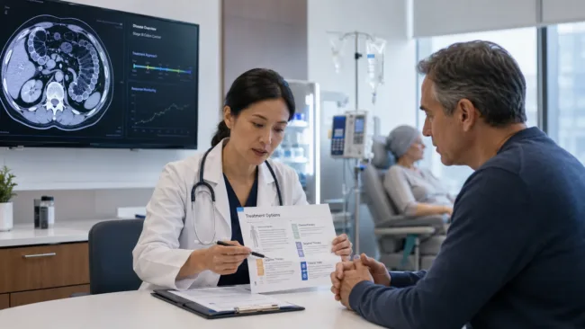 Representative image: An oncologist discusses colon cancer treatment options with a patient, reflecting Genentech’s Tecentriq Priority Review and the growing role of immunotherapy in stage III dMMR/MSI-H colon cancer care.