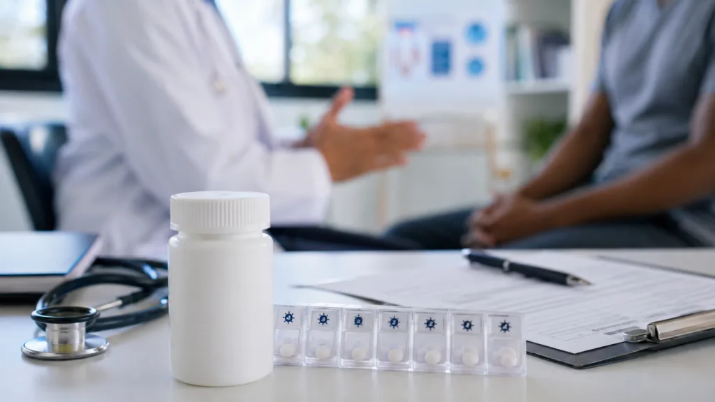 Representative image of an HIV prevention consultation, as Gilead Sciences’ once weekly oral Yeztugo filing puts long acting PrEP and future FDA review in focus.