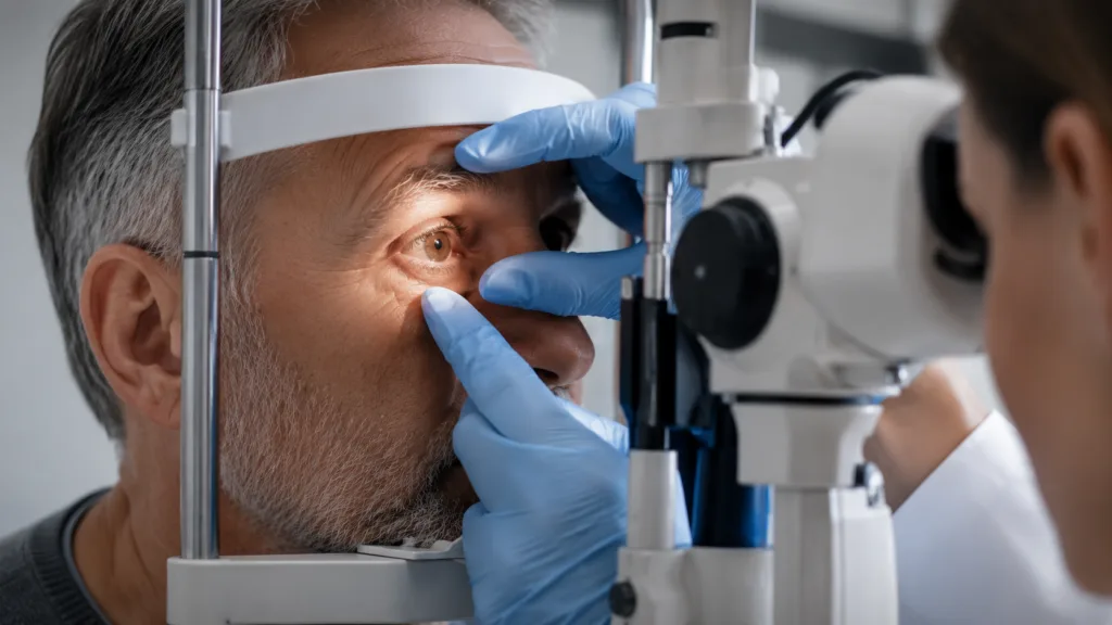 Representative image: An ophthalmic examination highlights the clinical focus of Glaukos Corporation’s GLK-321 Phase 2 study, which is evaluating a dropless eyelid-applied treatment for Demodex blepharitis.