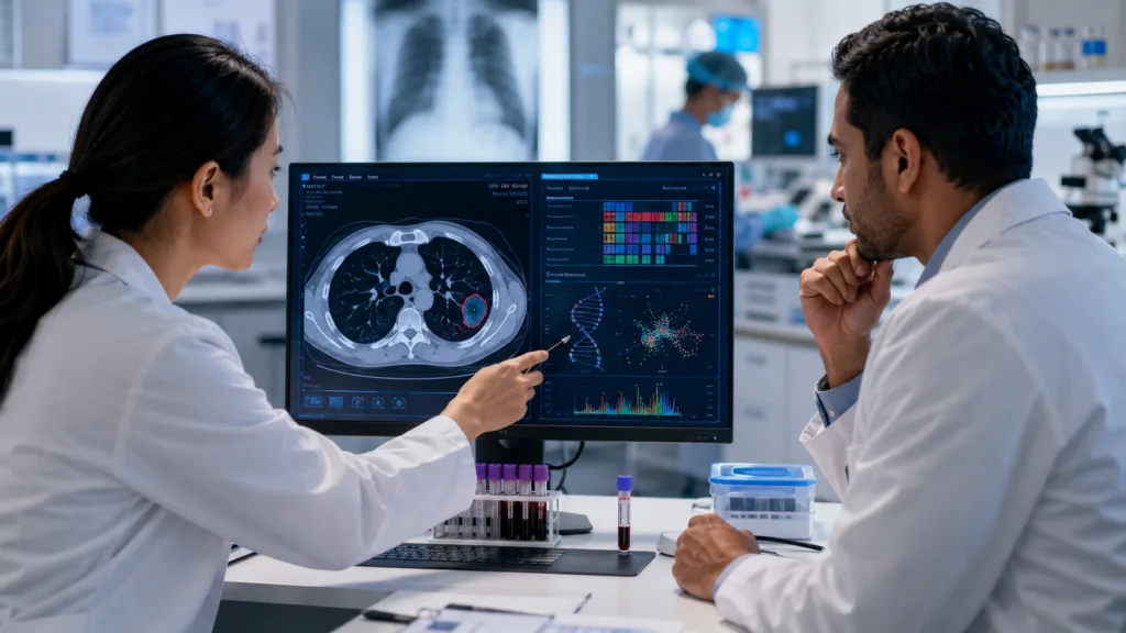 Representative image: Clinicians review lung cancer genomic testing data and blood-based diagnostic results, reflecting Guardant Health’s Guardant360 CDx FDA approval as a companion diagnostic for HERNEXEOS in HER2-mutant advanced non-small cell lung cancer.