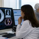 Representative image: A clinician reviews lung cancer imaging as ivonescimab survival data from the HARMONi-6 study raise fresh questions about the future of first-line squamous non-small cell lung cancer treatment.