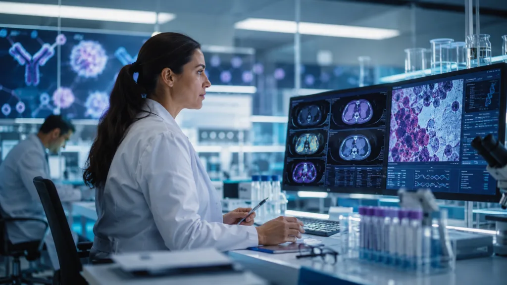 Representative image: Cancer research team reviews tumor data as Harbour BioMed’s HBM7004 advances toward clinical testing for advanced solid tumors.