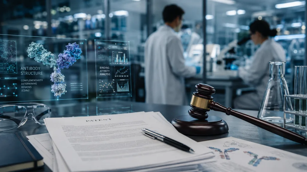 Representative biotech patent litigation image showing antibody discovery research, laboratory documents and legal symbols.