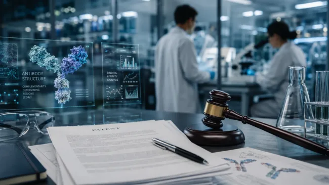 Representative biotech patent litigation image showing antibody discovery research, laboratory documents and legal symbols.