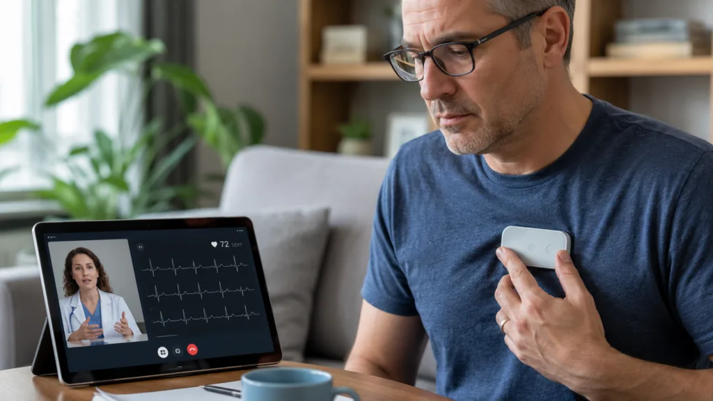 Representative image of a patient using a portable ECG device during a remote cardiac consultation, illustrating how HeartBeam’s technology could move heart attack risk assessment closer to the patient.