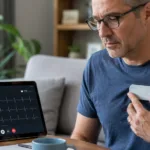 Representative image of a patient using a portable ECG device during a remote cardiac consultation, illustrating how HeartBeam’s technology could move heart attack risk assessment closer to the patient.