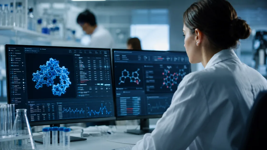 Representative image: AI-powered drug discovery research lab illustrating Insilico Medicine and SK Biopharmaceuticals’ $2.5 billion CNS neuroimmune drug development pact.