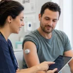 Representative image of a patient reviewing digital glucose data with a clinician, illustrating how Insulet’s Omnipod 6 and fully closed-loop insulin delivery research could reduce daily diabetes management burden.
