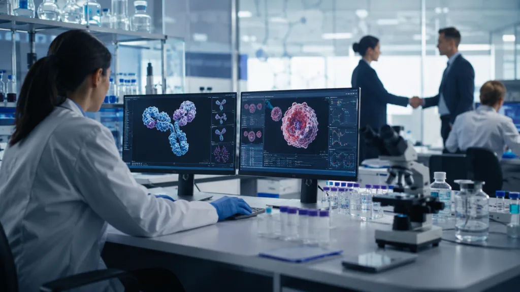 Representative image of oncology researchers reviewing molecular data in a biotechnology lab, reflecting Johnson & Johnson’s Firefly Bio deal and the race to advance degrader antibody conjugates for hard-to-treat solid tumors.