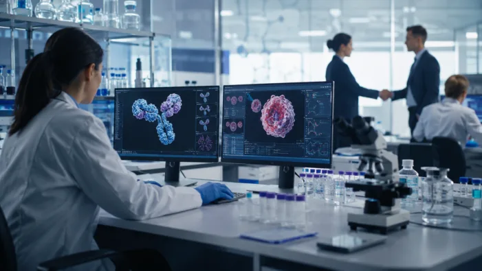Representative image of oncology researchers reviewing molecular data in a biotechnology lab, reflecting Johnson & Johnson’s Firefly Bio deal and the race to advance degrader antibody conjugates for hard-to-treat solid tumors. Why Johnson & Johnson is paying $1bn for Firefly Bio’s cancer drug platform
