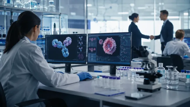 Representative image of oncology researchers reviewing molecular data in a biotechnology lab, reflecting Johnson & Johnson’s Firefly Bio deal and the race to advance degrader antibody conjugates for hard-to-treat solid tumors.
