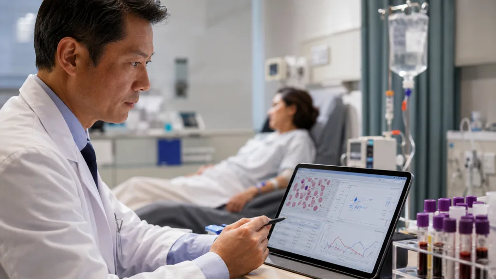 Representative image: A clinician reviews blood disorder data in a hospital setting, reflecting Johnson & Johnson’s IMAAVY Phase 2/3 results and the growing focus on FcRn-targeted treatment for warm autoimmune hemolytic anemia.