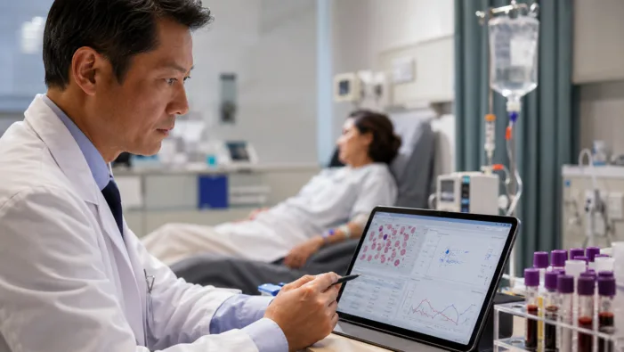 Representative image: A clinician reviews blood disorder data in a hospital setting, reflecting Johnson & Johnson’s IMAAVY Phase 2/3 results and the growing focus on FcRn-targeted treatment for warm autoimmune hemolytic anemia. Johnson & Johnson’s IMAAVY data sharpen the FcRn strategy beyond myasthenia gravis