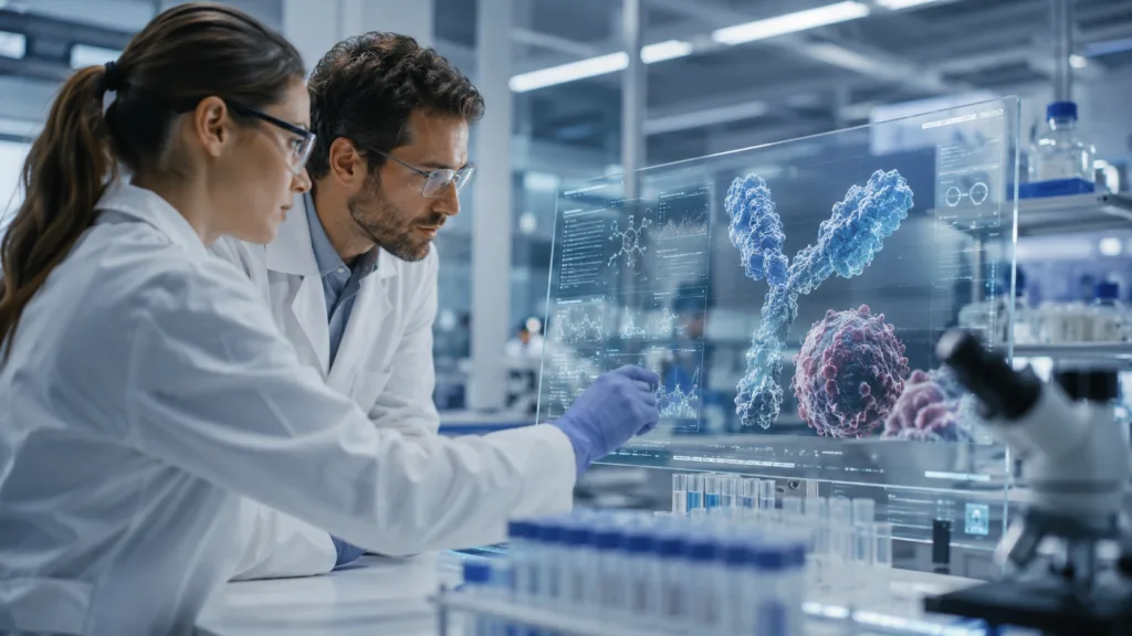 Representative image: Researchers use artificial intelligence and machine learning to design tumour-targeting multispecific antibodies, reflecting the LabGenius Therapeutics and LG Chem collaboration aimed at improving precision and safety in solid tumour treatment.