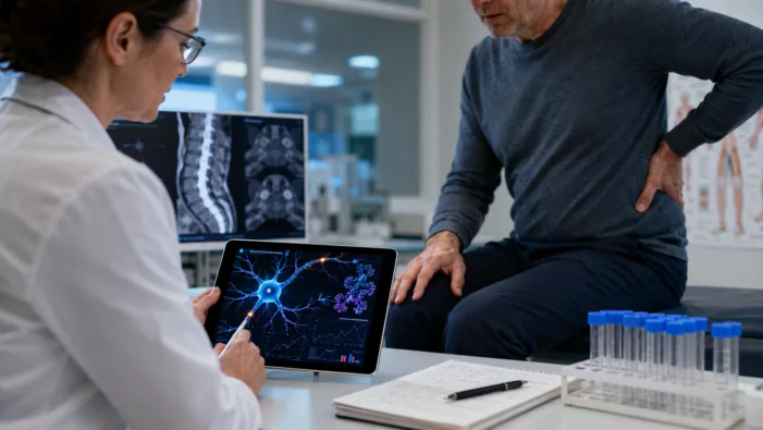 Representative image: A clinician discusses nerve pain research and treatment data with a patient, reflecting Lateral Pharma’s LanCL1 discovery and the search for new neuropathic pain drug targets. Is Lateral Pharma’s pain platform quietly opening a new biotech battleground?