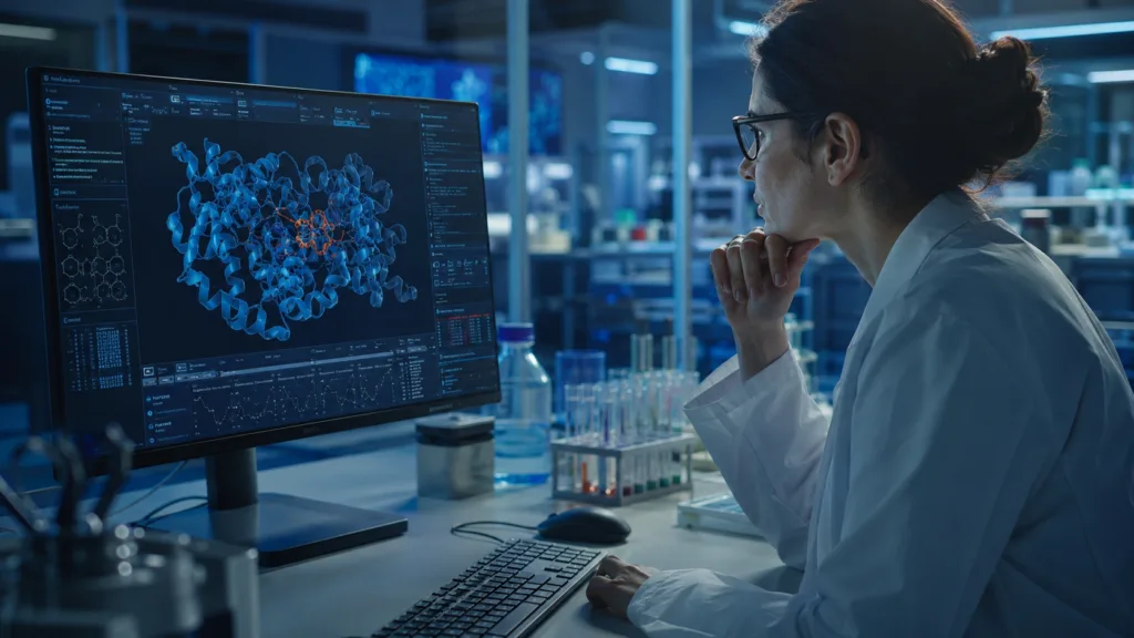 Representative image: AI-driven protein design in a modern biotech lab, reflecting Chai Discovery’s Lilly TuneLab collaboration to expand miniprotein discovery tools for select biotechs.