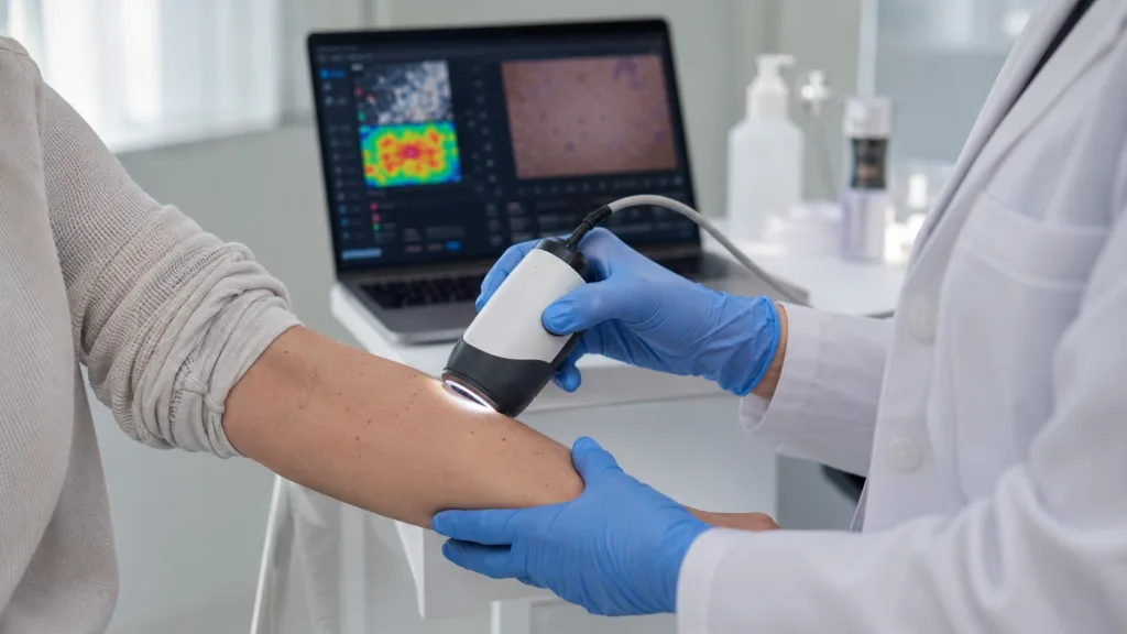 Representative image: A researcher uses non-invasive skin imaging technology as MedX Health launches SkinSecure to support objective collagen measurement and skin health research.