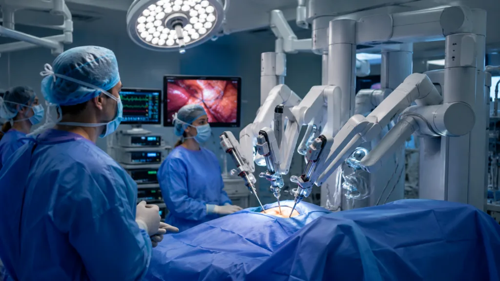 Representative image of a robotic-assisted surgery system in a modern operating room, illustrating how Medtronic’s Hugo expansion filings could intensify competition in U.S. surgical robotics.