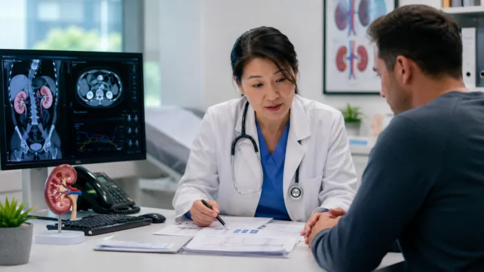 A transplant specialist reviews kidney imaging and follow-up data as Memo Therapeutics advances potravitug as a potential targeted treatment for BK polyomavirus in kidney transplant recipients. Representative image. Memo Therapeutics advances potravitug as the race for the first BK virus therapy intensifies