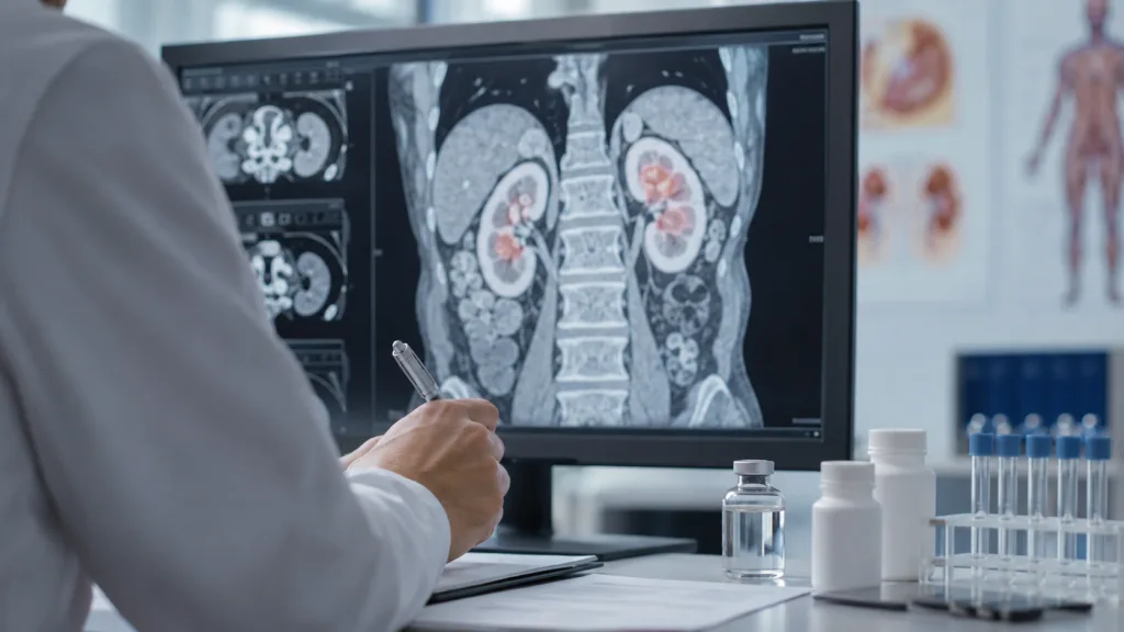 Representative image of a clinician reviewing kidney cancer scans, reflecting Merck & Co., Inc.’s FDA approval of Keytruda and Welireg combinations for adjuvant clear cell renal cell carcinoma treatment.
