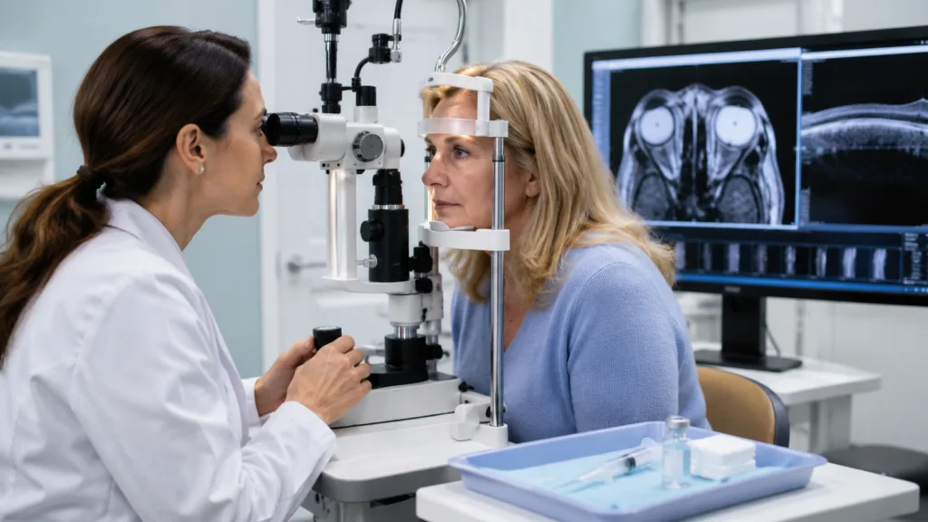 Representative image of an ophthalmology exam setting as Minghui Pharmaceutical’s MHB018A data sharpen interest in subcutaneous IGF-1R antibody therapy for thyroid eye disease.