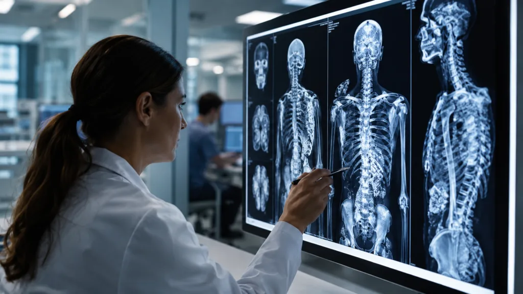 Representative image of a clinician reviewing skeletal imaging, illustrating Mirum Pharmaceuticals and Incyte’s zilurgisertib Phase 2 progress in fibrodysplasia ossificans progressiva and the rare disease treatment questions facing regulators.
