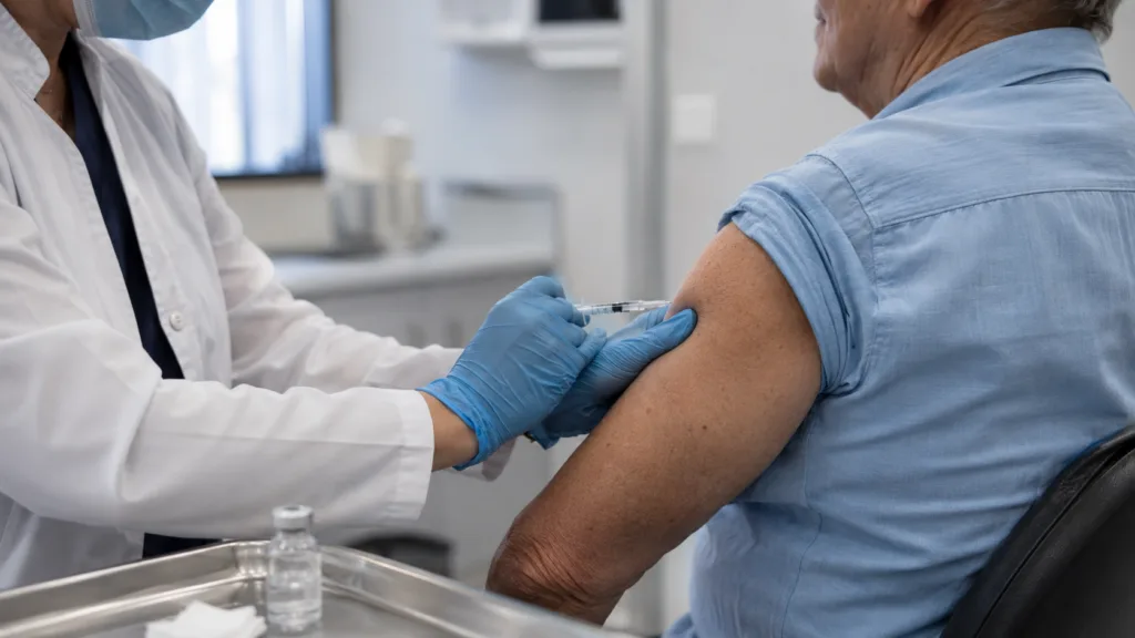 A healthcare professional administers a seasonal influenza vaccine to an older adult as Moderna’s MFLUSIVA moves closer to a potential United States approval. Representative image.