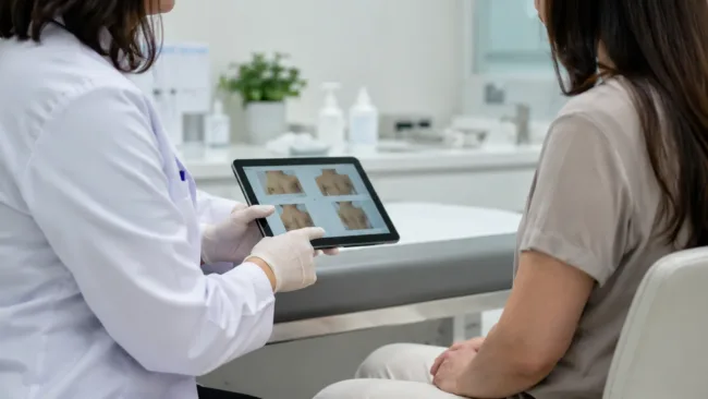 A dermatologist reviews treatment progress with a patient as MoonLake Immunotherapeutics advances sonelokimab toward an FDA filing following durable 52-week hidradenitis suppurativa results. Representative image.
