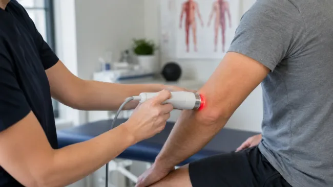 Representative image: Non-invasive elbow therapy highlights MR5 ACTIV PRO’s FDA-cleared role in temporary tennis elbow pain relief.