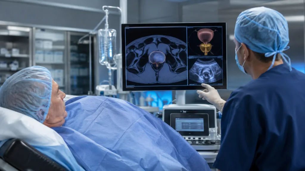 A urologist reviews prostate imaging before a minimally invasive procedure as AngioDynamics evaluates NanoKnife for benign prostatic hyperplasia symptom relief and functional preservation. Representative image.