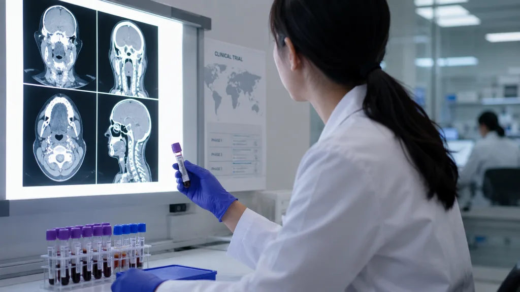 Representative image: A clinical researcher reviews head and neck cancer scans and blood samples as Natera and Aveta Biomics integrate Signatera ctDNA monitoring into the global Phase 3 trial of APG-157.