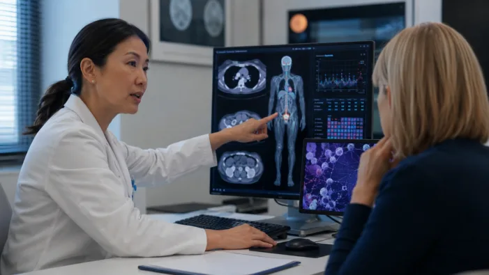 Representative image of an oncologist reviewing melanoma imaging and molecular cancer data, reflecting Natera’s Signatera collaboration with Diakonos Oncology and the growing role of ctDNA monitoring in refractory melanoma immunotherapy trials. Why Natera’s Diakonos Oncology collaboration matters for ctDNA-guided cancer drug development