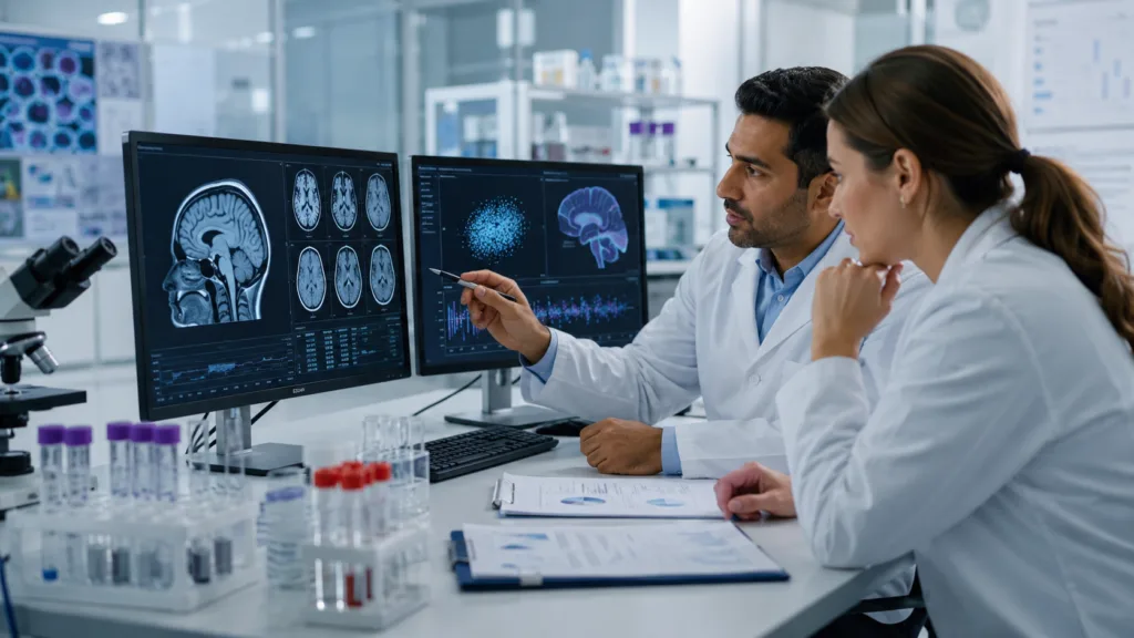 Representative image of researchers examining Alzheimer’s disease biomarker data as NeuroSense evaluates PrimeC’s multi-target potential in a small exploratory study.