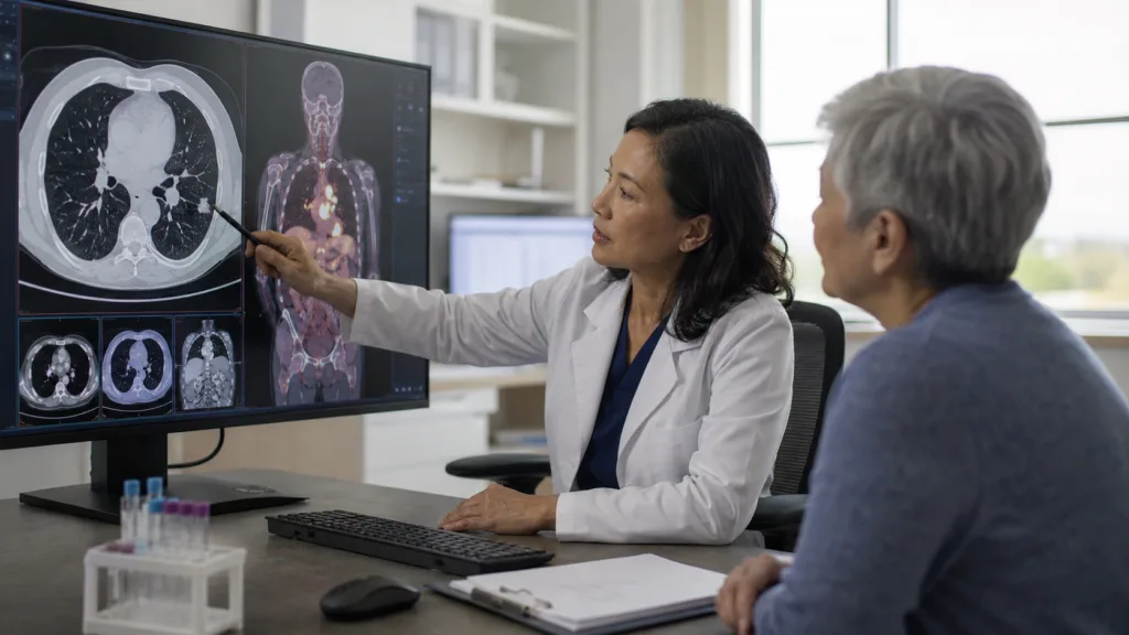 Representative image of an oncologist reviewing lung cancer scans with a patient, reflecting Nuvalent’s neladalkib FDA Priority Review and the growing race to develop targeted therapies for ALK-positive non-small cell lung cancer.