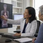 Representative image of an oncologist reviewing lung cancer scans with a patient, reflecting Nuvalent’s neladalkib FDA Priority Review and the growing race to develop targeted therapies for ALK-positive non-small cell lung cancer.