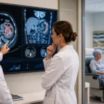 Representative image of oncologists reviewing advanced gastric cancer imaging in a modern cancer care setting, reflecting Ono Pharmaceutical’s ONO-4578 Phase 2 data and the race to improve first-line treatment for HER2-negative gastric and gastroesophageal junction cancer.