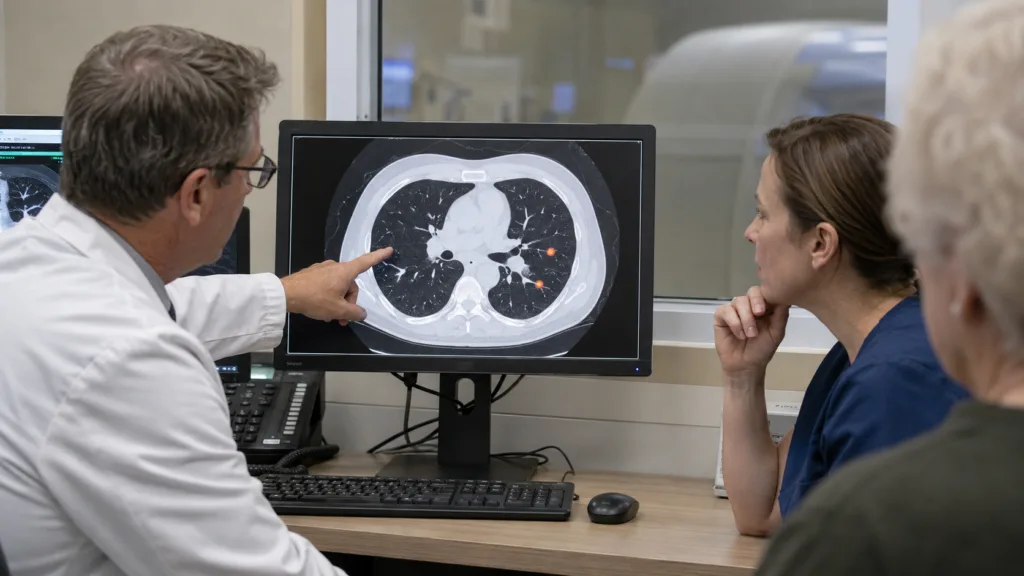 Representative image: Clinicians review a chest CT scan as AI-assisted lung nodule risk assessment gains attention through Tanner Health’s Optellum rollout, highlighting the push to improve early lung cancer triage in regional care.
