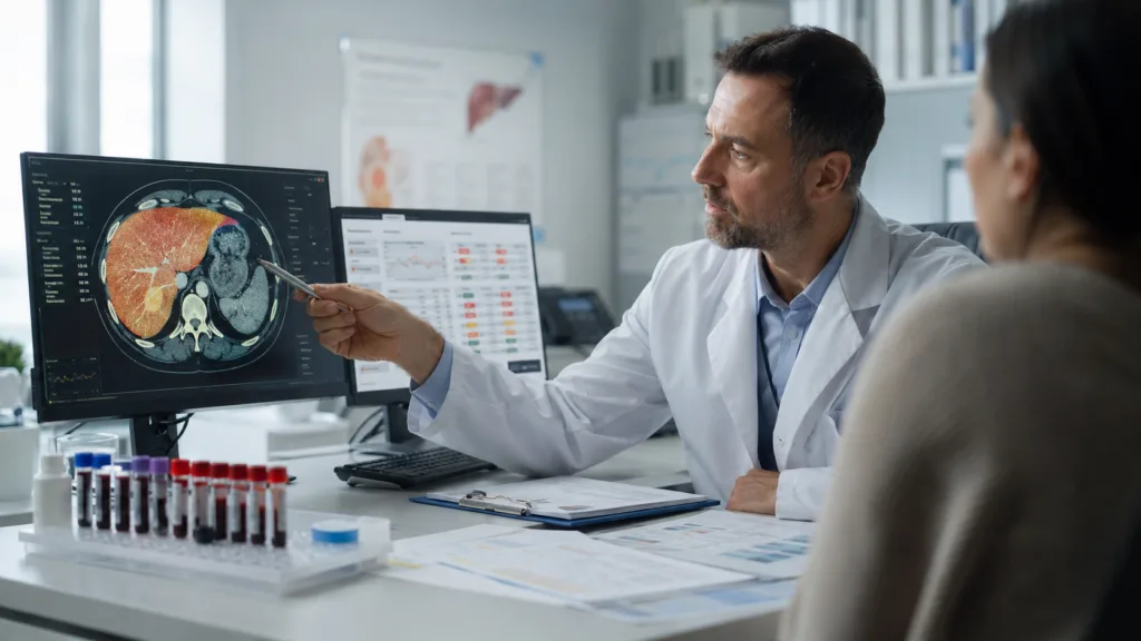 Representative image of a clinical researcher reviewing liver imaging and lipid test results, reflecting OrsoBio’s TLC-2716 Phase 2a data in severe hypertriglyceridemia and MASLD.