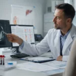 Representative image of a clinical researcher reviewing liver imaging and lipid test results, reflecting OrsoBio’s TLC-2716 Phase 2a data in severe hypertriglyceridemia and MASLD.